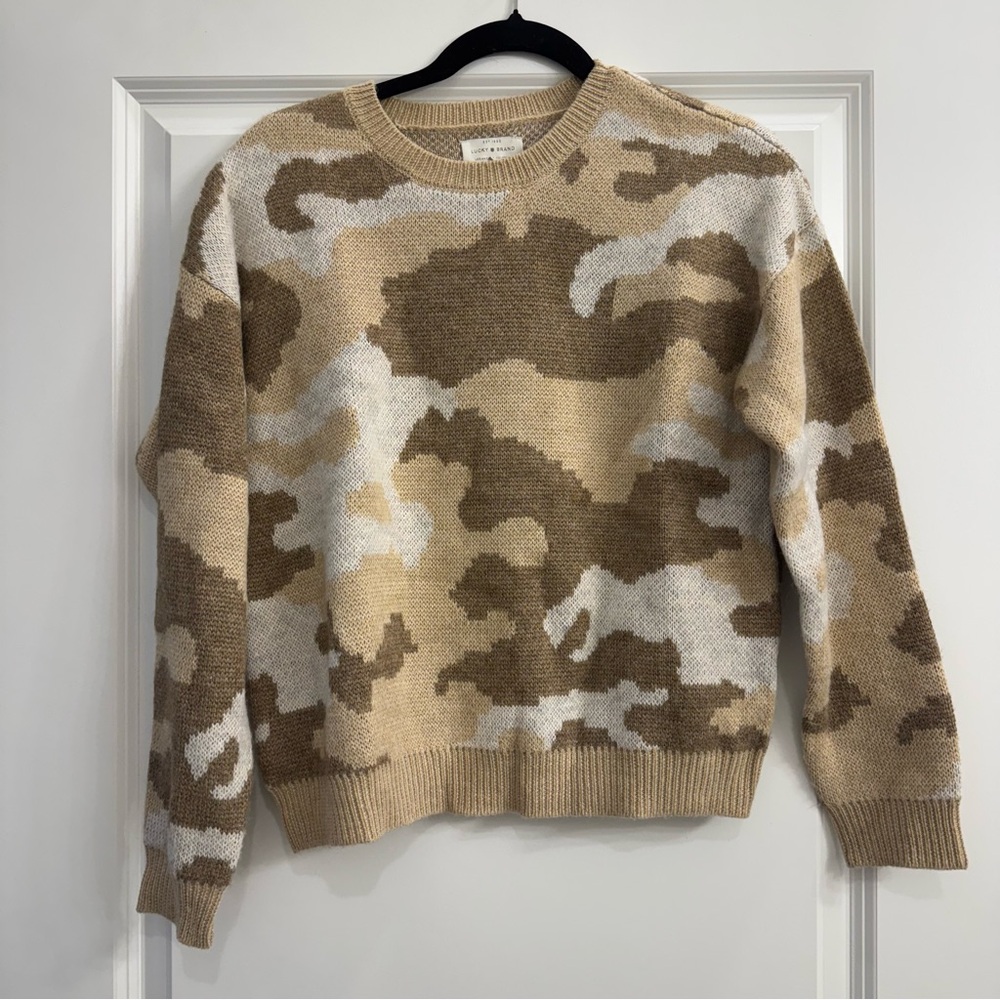 Lucky Brand Tan Camouflage Crewneck Knit Sweater